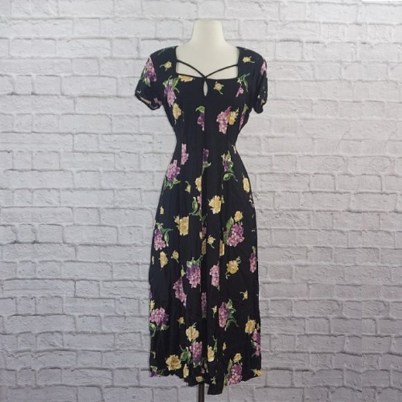 Vintage 90s Floral Midi Dress - Picture 1 of 7